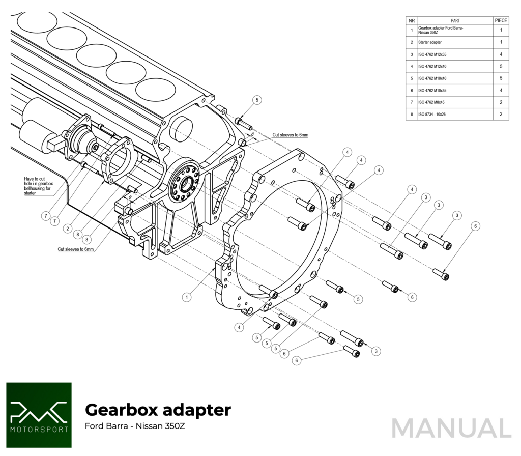PMC Kit adaptador Ford Barra - Nissan 350Z Z33 370Z Z34 - 250mm / 9.84"
