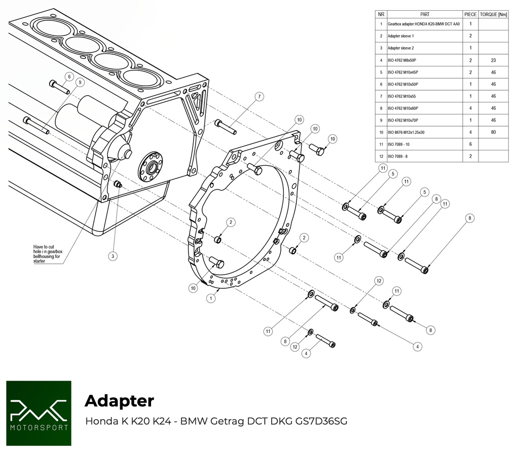 PMC Kit adaptador Honda K - BMW DCT DKG Getrag GS7D36SG Inline-six