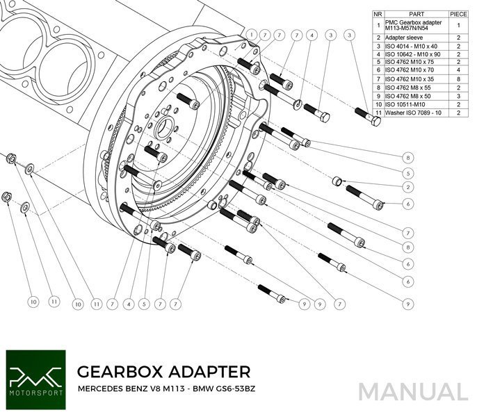 PMC Kit adaptador Mercedes-Benz M113 - BMW M57N HGU HGK / N54 - 184mm / 7.25" (P)