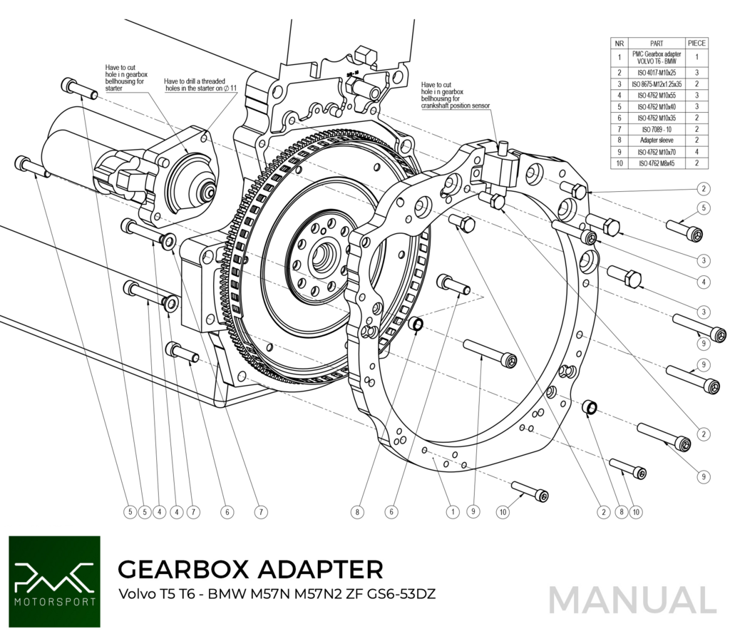 PMC Kit adaptador Volvo T - BMW M57N HGD JGA HGA - 240mm / 9.45"