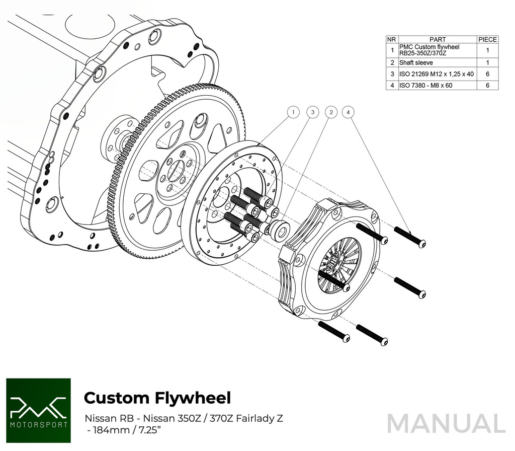 PMC Kit adaptador Nissan RB - Nissan 350Z Z33 370Z Z34 - 184mm / 7.25" (P)