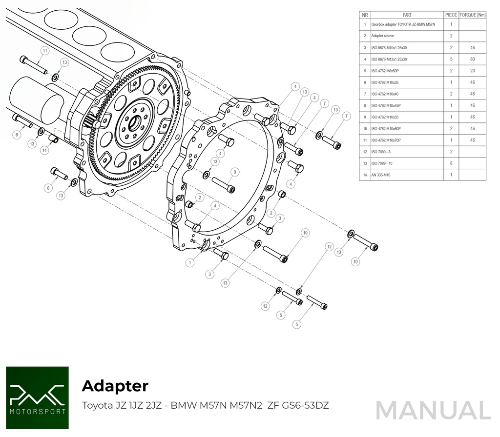 PMC Kit adaptador Toyota JZ - BMW M57N HGD JGA HGA - 184mm / 7.25" (P)