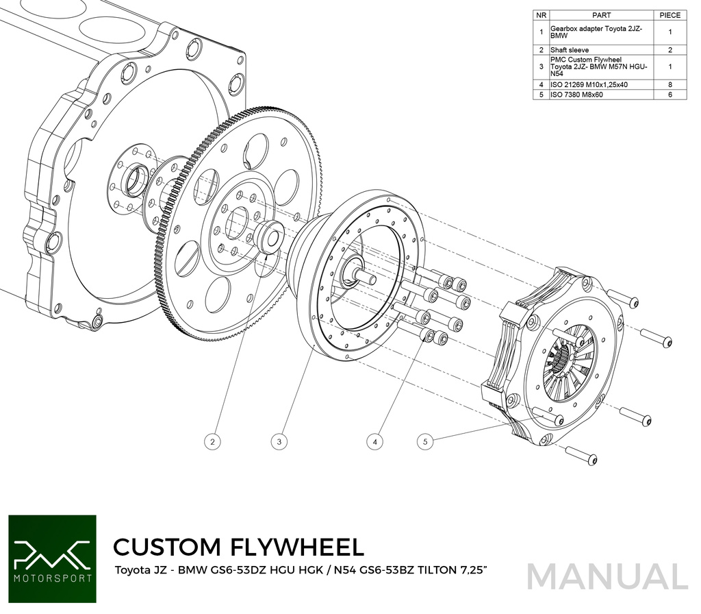 PMC Kit adaptador Toyota JZ - BMW M57N HGU HGK / N54 - 184mm 7.25" (P)
