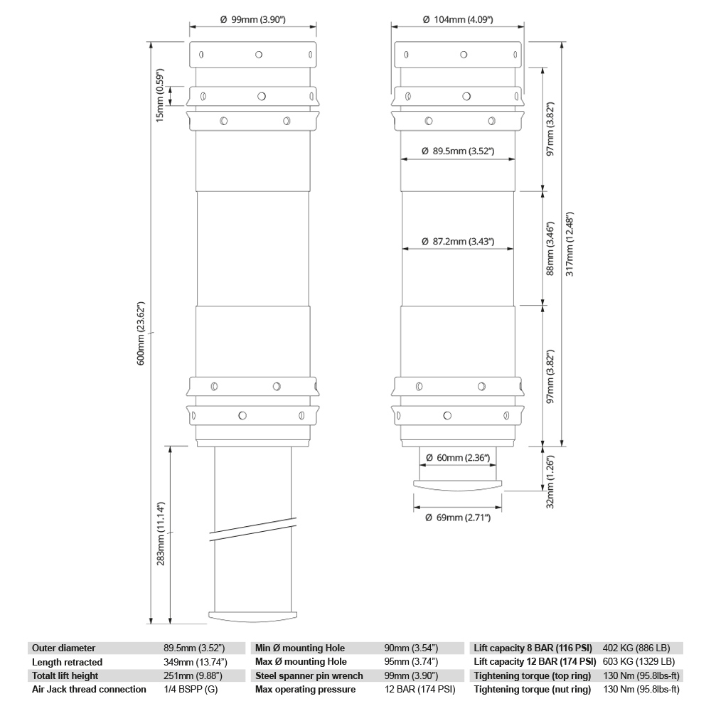 Air Jack 90 Conjunto completo de la competencia 2pc, 8 bar / 120 psi