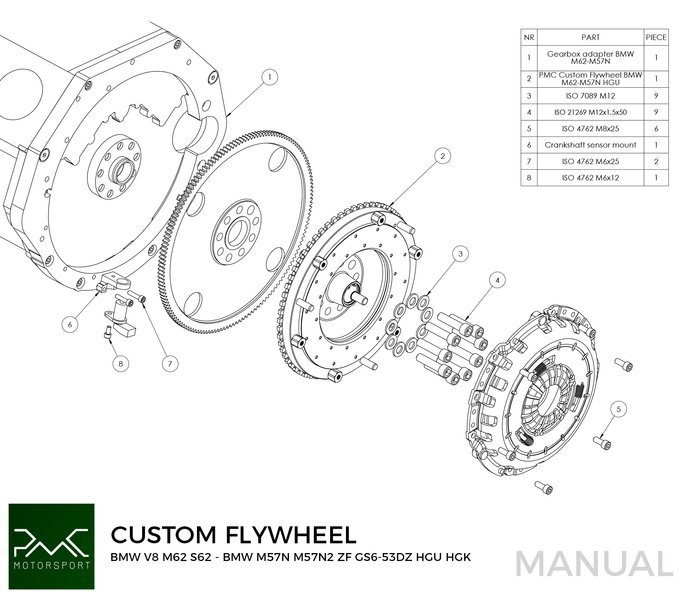 PMC Flywheel BMW V8 M62 - BMW M57N M57N2 GS6-53DZ HGU HGK - Adaptador de sensor de cigüeñal de 240 mm +