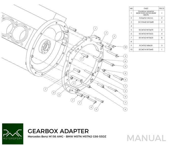 PLACA ADAPTADOR DE CAJA DE ENGRENO PMC Mercedes Benz V8 M156 AMG